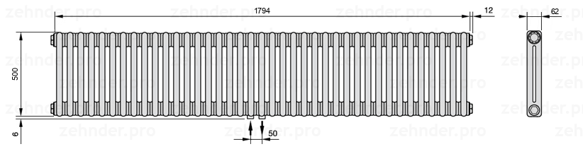 Схема (чертеж) Радиатор Zehnder Charleston 2050/39 №3470 Белый глянцевый RAL 9016